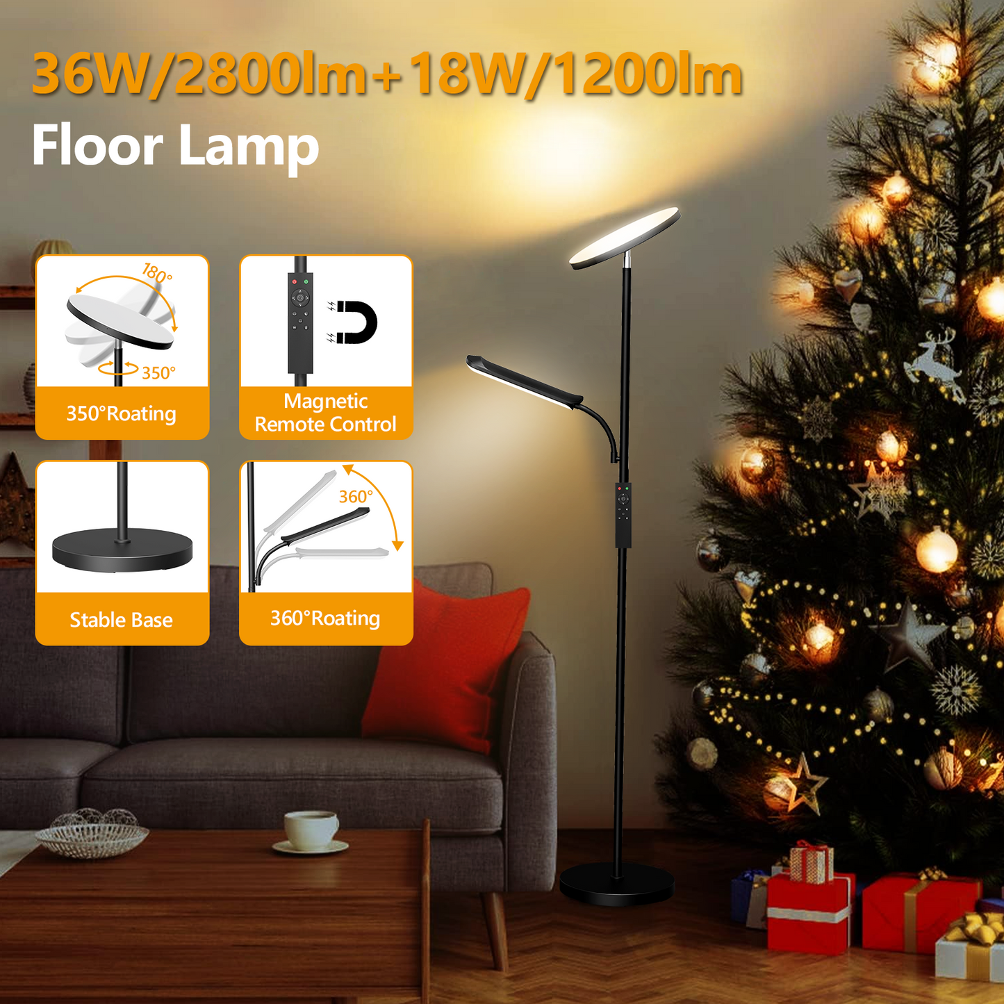 LED Uplighter Floor Lamp Living Room - 36W Floor Lamp & 18W Reading Lamp, 2700K-6500K Color Temperature, Modern Floor Lamp with Remote Control & Touch Control (42W) [Energy Class F]