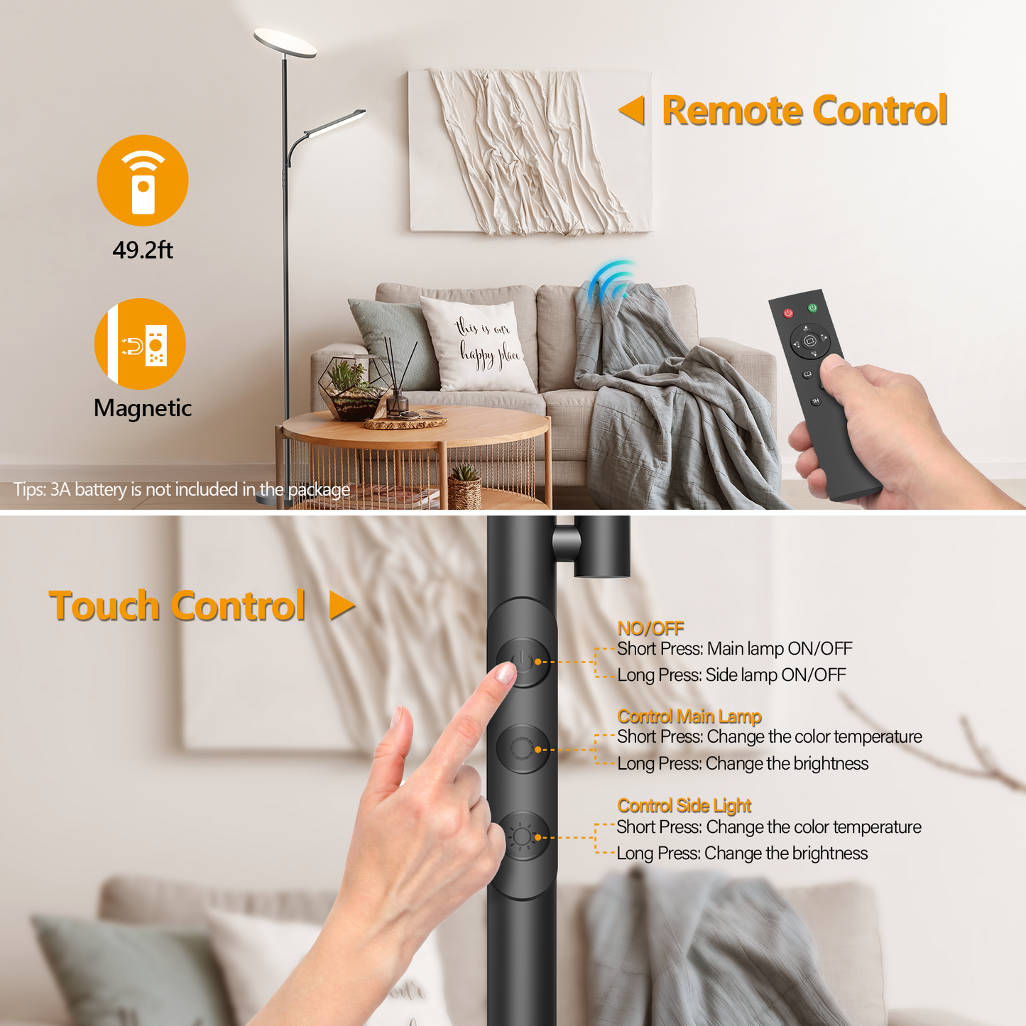 LED Uplighter Floor Lamp Living Room - 36W Floor Lamp & 18W Reading Lamp, 2700K-6500K Color Temperature, Modern Floor Lamp with Remote Control & Touch Control (42W) [Energy Class F]