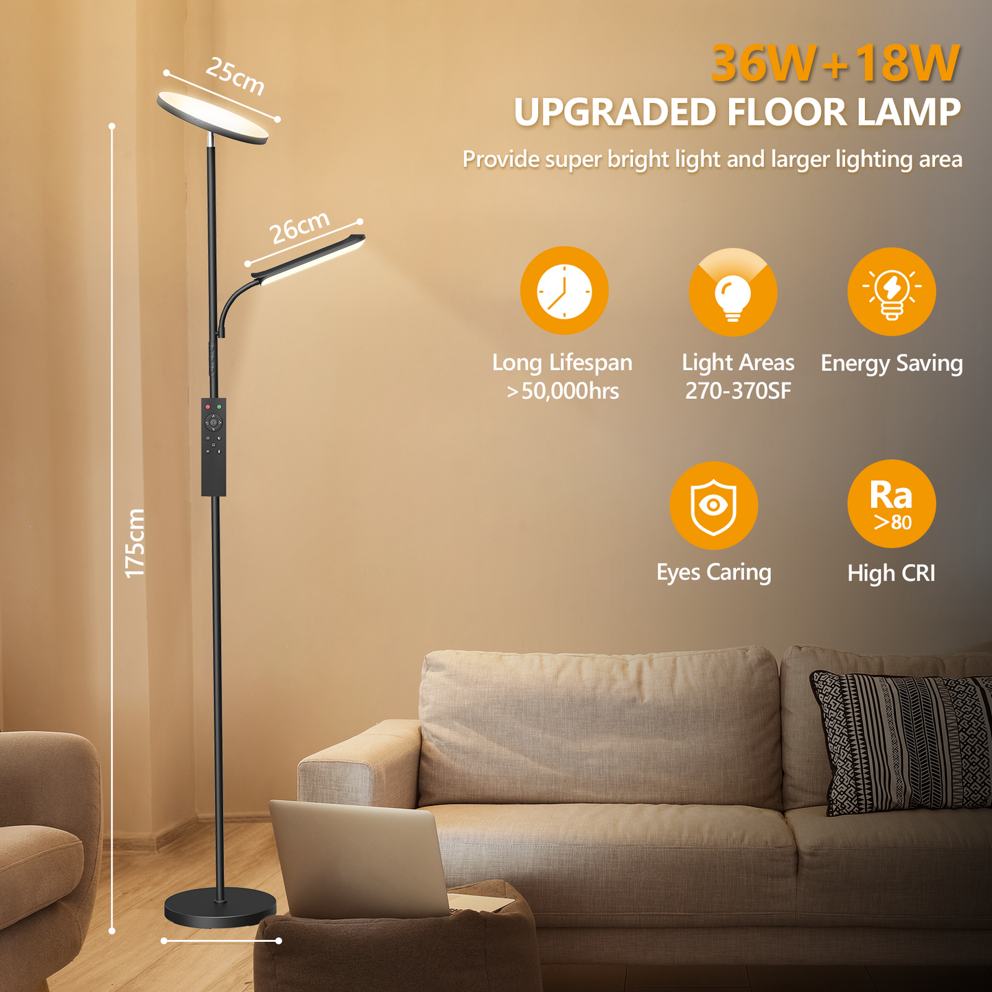 LED Uplighter Floor Lamp Living Room - 36W Floor Lamp & 18W Reading Lamp, 2700K-6500K Color Temperature, Modern Floor Lamp with Remote Control & Touch Control (42W) [Energy Class F]
