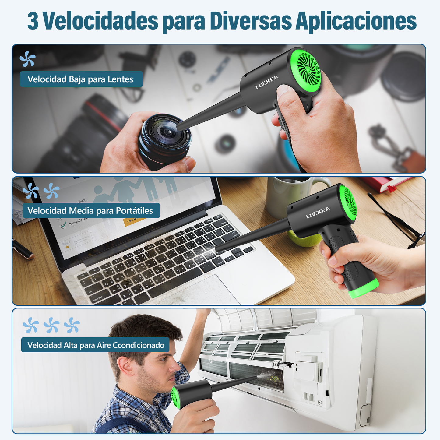 Aire Comprimido Limpieza PC - Soplador de Aire para PC con Luz LED, Soplador de Aire Potente 3 Velocidades, Soplador de Polvo para PC, Teclado, Plumero Electrico para PC, Compressed Air Duster